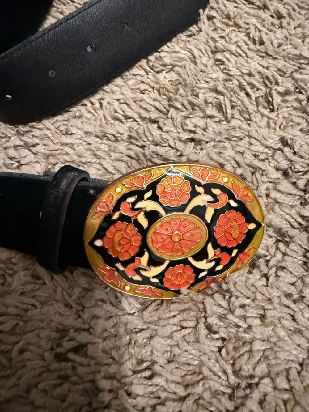 Black Velvet Women's Belt with Decorative Floral Oval Buckle